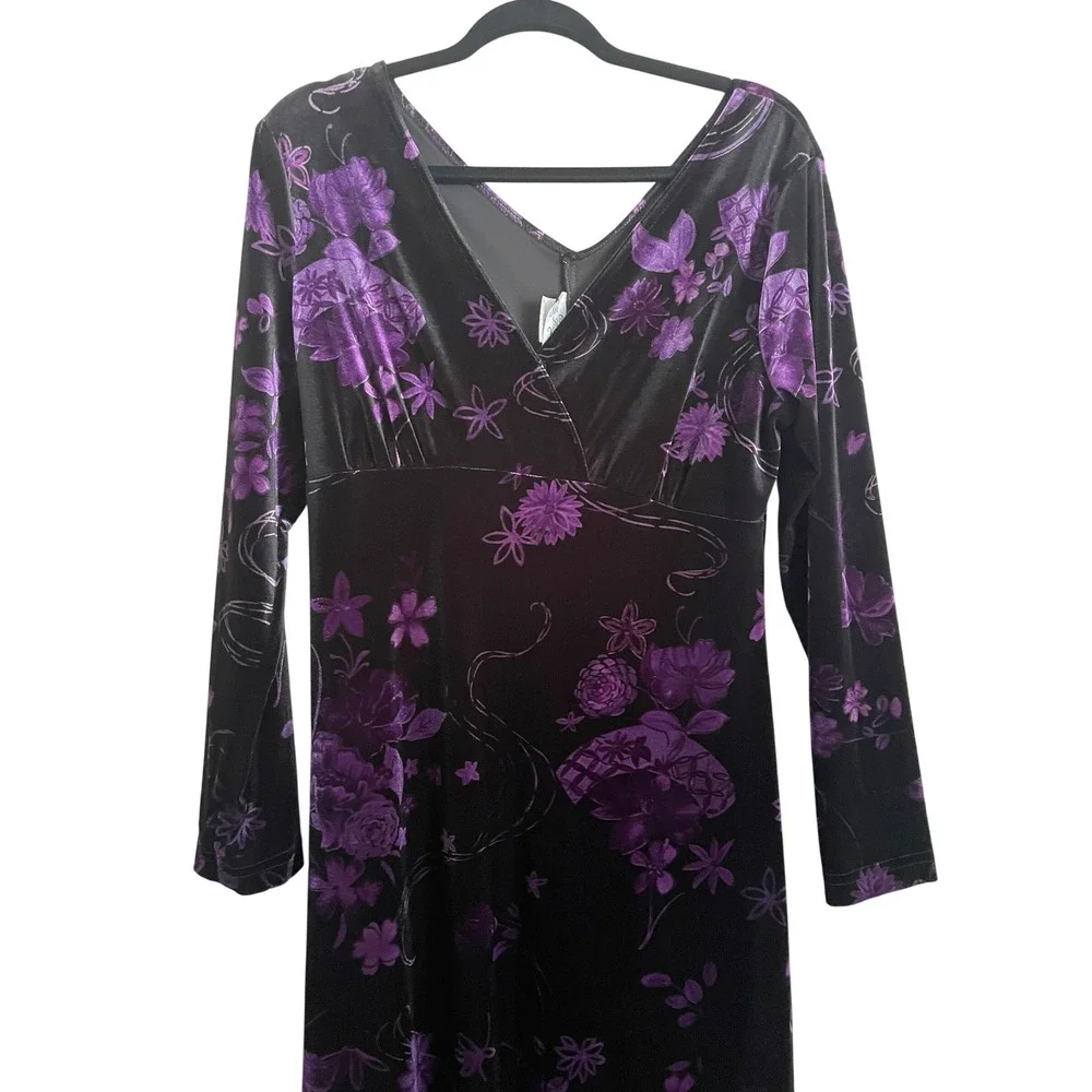 Vintage 90s Y2K Purple Velvet Floral Babydoll Maxi Dress 12 Fairy Grunge Goth - Picture 4 of 9